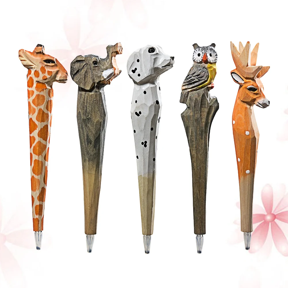 

5PCS Carved Wooden Pen Roller Pen Creative Pens Carved Wooden Pen Cartoon Ballpoint Pens Wooden Pen
