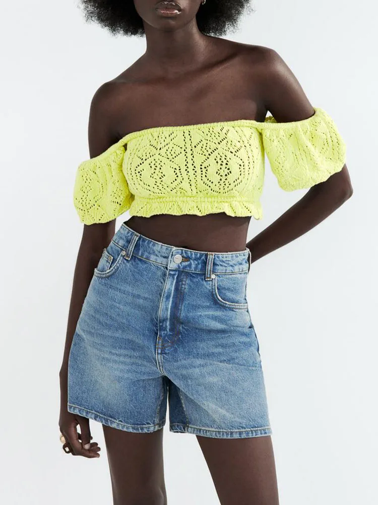 Женский Короткий трикотажный пуловер с открытой спиной и коротким рукавом |