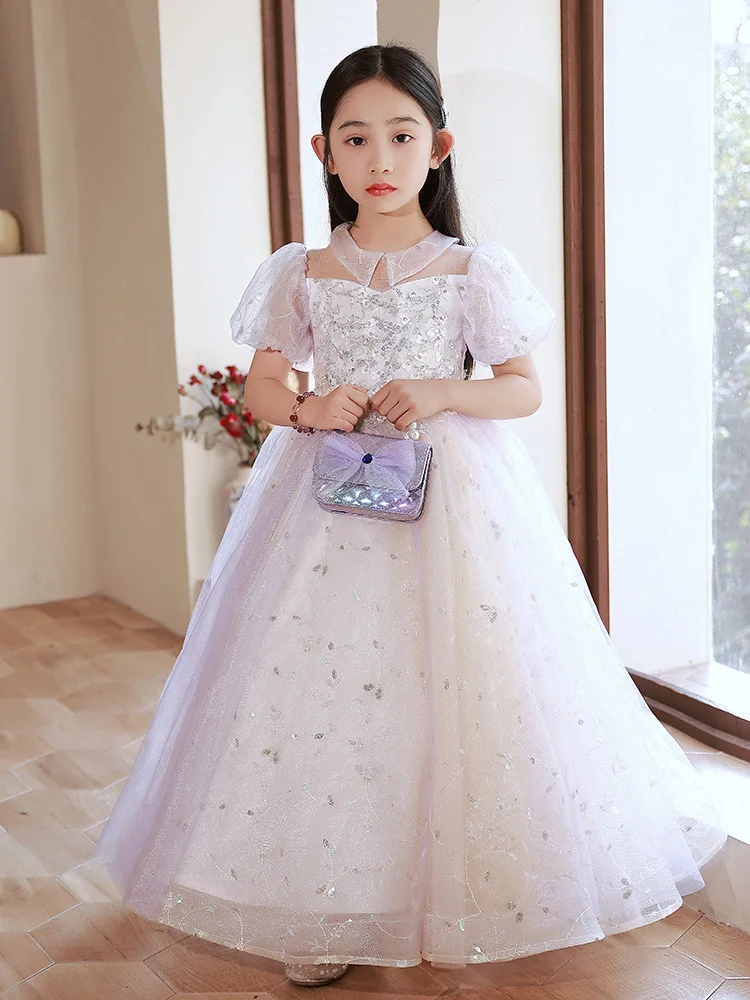 

Teenage Girls Princess Dress Light Purple Children's Clothing Elegant Puff Sleeve Lace Mesh Ball Gown Girl Wedding Ceremony Gown