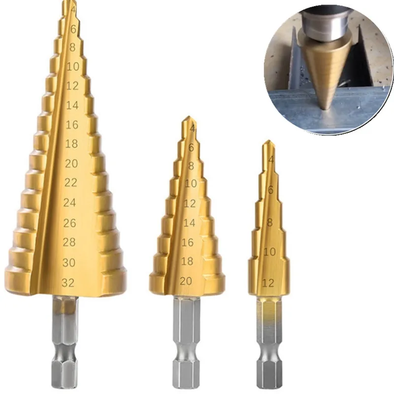 

Coated HSS 4-20 High Cutter Drill Wood Bits 4-12 Metal Titanium 4-32mm Hole Speed Step for Cone Drilling Power Steel Tools Drill