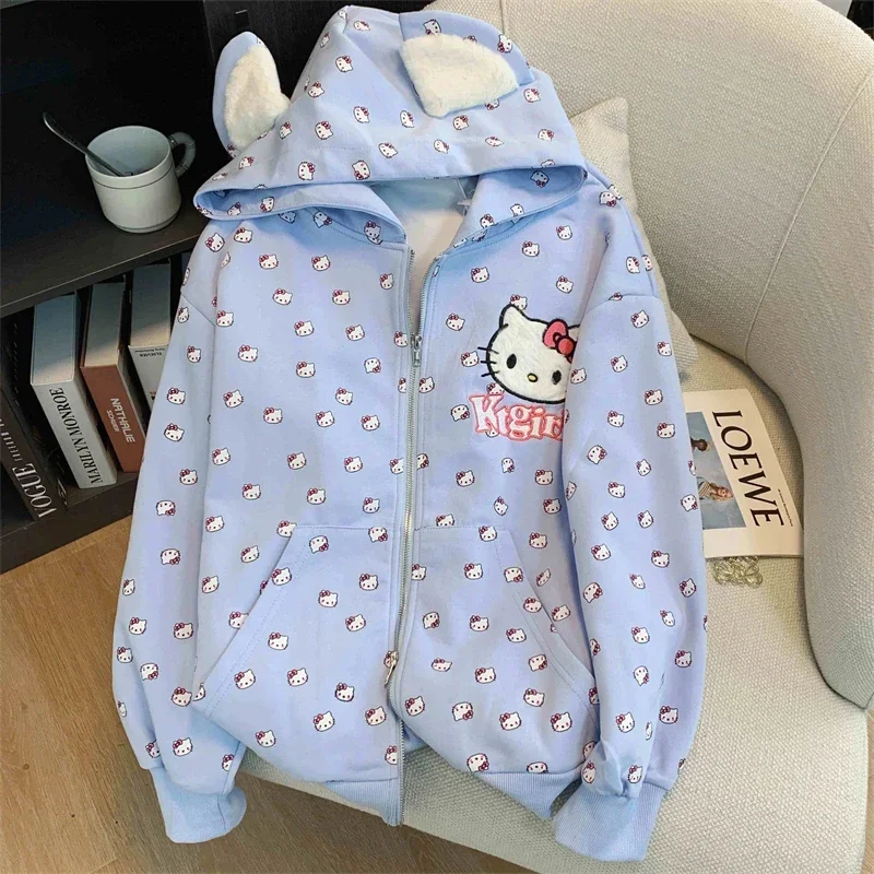 Hello Kitty 100% тяжелый хлопок весна-осень 2024 новая толстовка с капюшоном женская милая