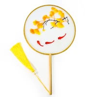 chinese retro double sided embroidery butterfly ginkgo fish round fan tassel wood hand fans dancing performance props home decor