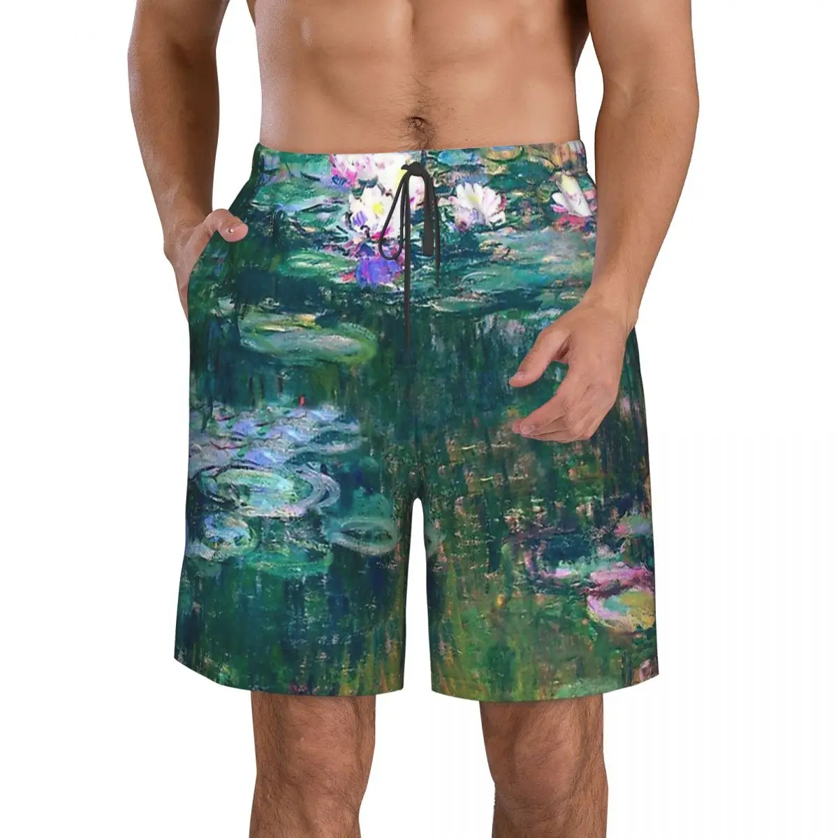 

Water Lilies Monet Men's Beach Shorts Pocket Impressionism Art Swimsuit Quick Dry Men Swimming Trunks Surfing Boardshorts
