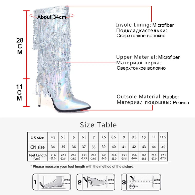 GOGD Brand Fashion Women Knee Boots Pointed Toe Fringe Sequined High Heels Metallic Glitter Sexy Tassel Zipper Stiletto Boots images - 6