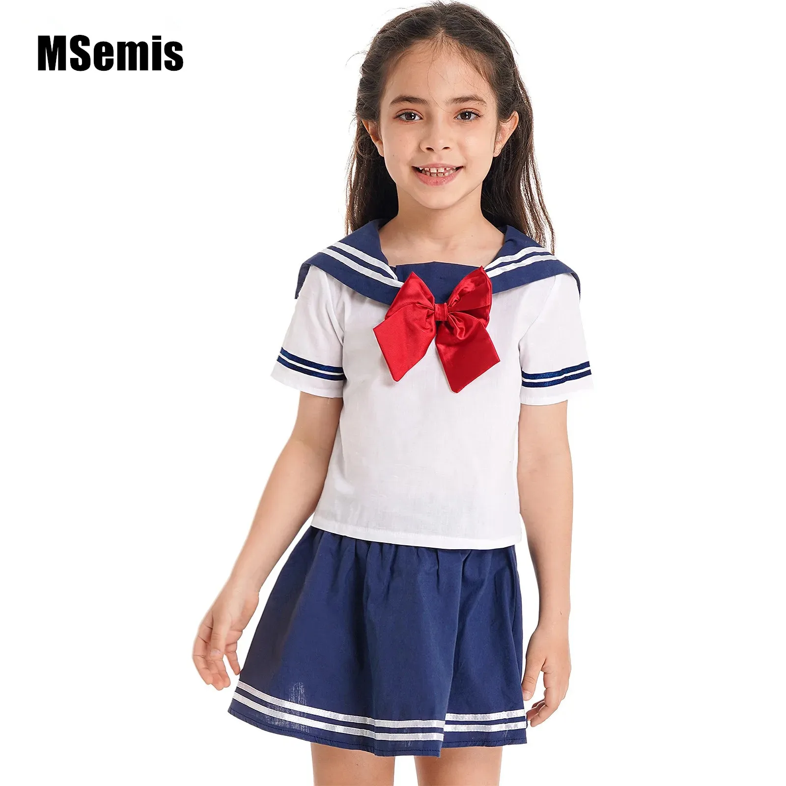 

Комплект школьной формы для девочек, рубашка в полоску, с коротким рукавом и воротником, со съемным бантом и стрейчевой строчкой