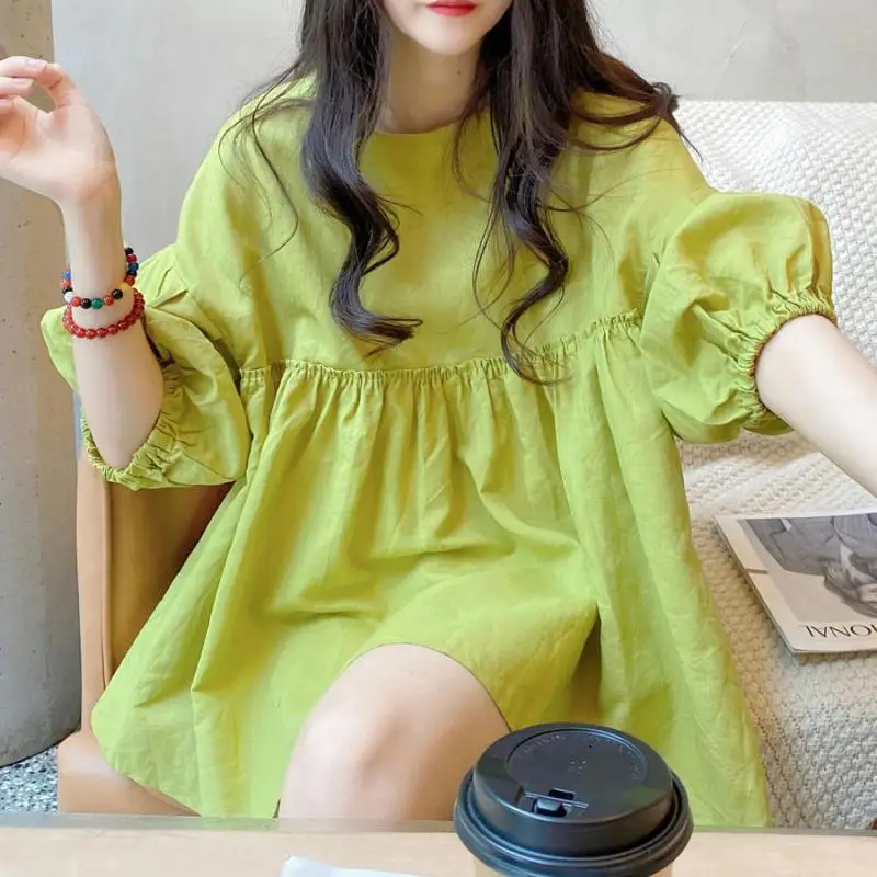 

Fashion Trend Women Summer Pull Over Blouse Loose Lantern Sleeve Preppy Style Office Lady Casual Shirt Free Size Avocado Green