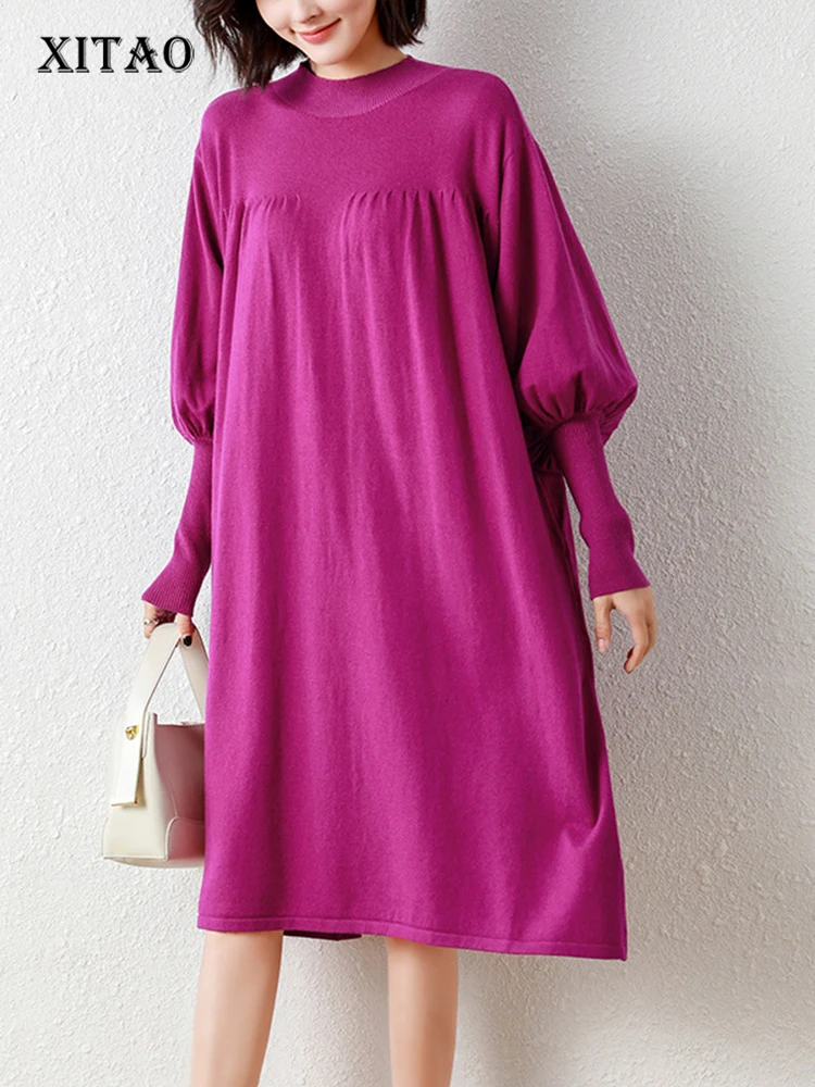 

XITAO/однотонное свободное трикотажное платье-пуловер в стиле пэчворк; Коллекция 2022 года; Сезон Зима; Новое поступление; Повседневная модная о...