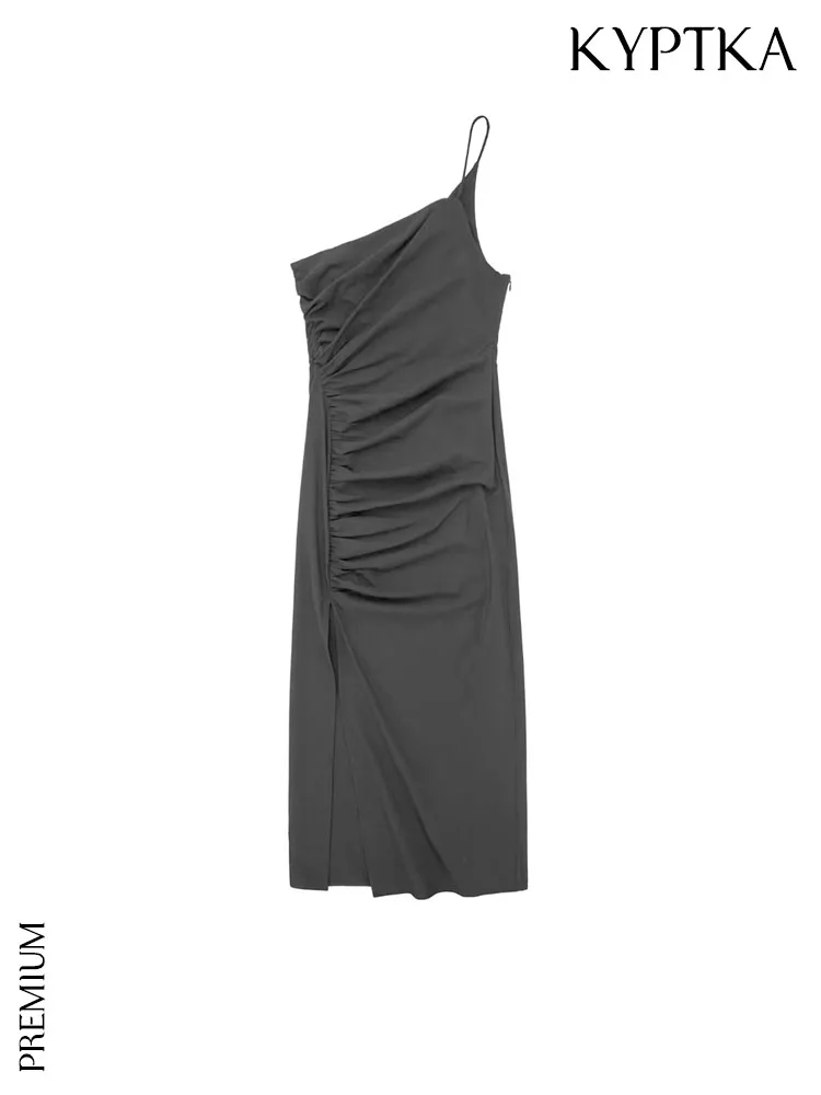 

Женское платье с разрезом спереди KYPTKA, черное асимметричное платье средней длины на тонких бретельках с боковой молнией, на лето 2019