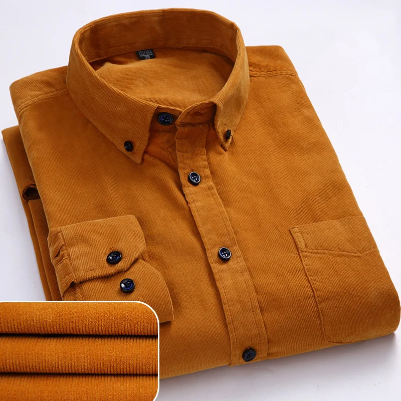 

100% Cotton Corduroy Long Sleeve Social Casual Slim Fit Plus Size Plain Comfort Work Office Mens Shirt