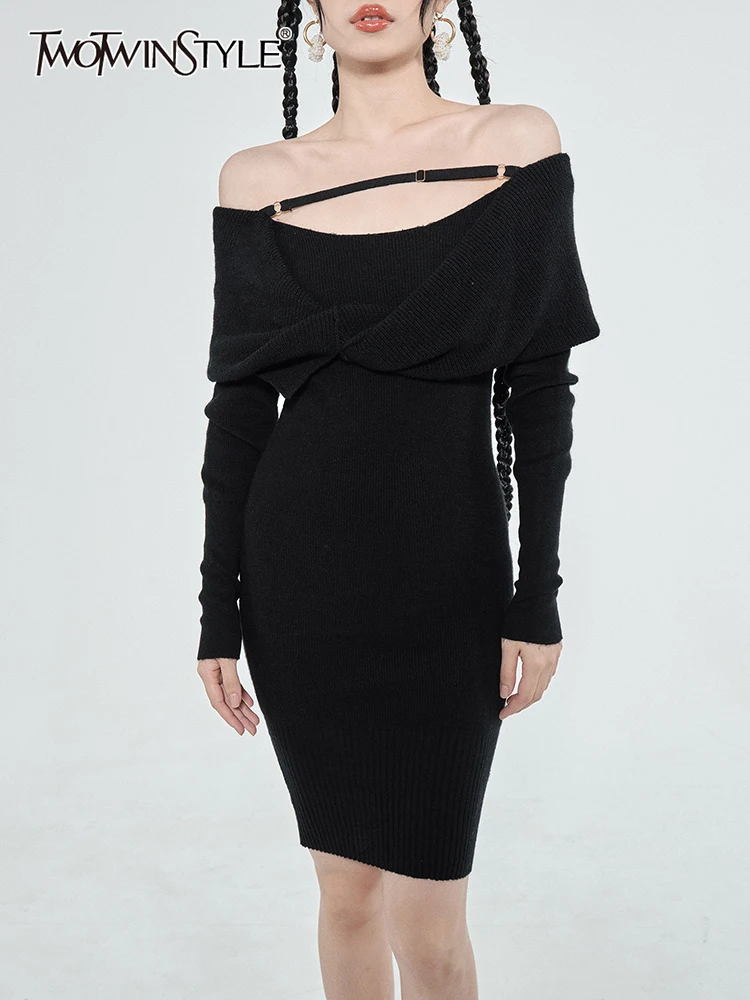 

TWOTWINSTYLE Slim Solid Minimalist Dress For Women Slash Neck Long Sleeve High Waist Knitting Mini Dresses Female Fashion Style
