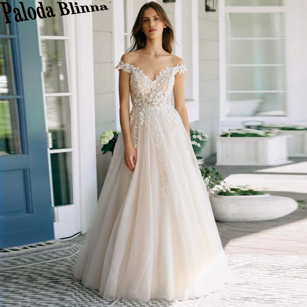 

Paloda Simple Appliques A-LINE Wedding Dresses For Bride V-Neck Off The Shoulder Zipper Short Sleeves Tulle Floor Length