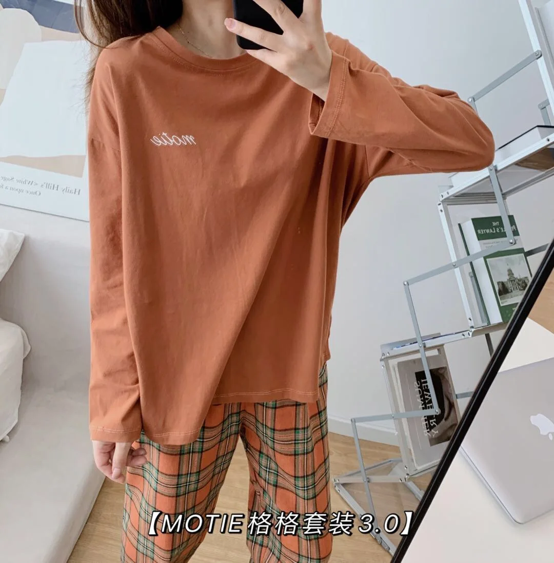 New Spring Autumn Pajamas Women's Checkered Letter Suit Loose Long Sleeve Casual Korean Version Home Wear Sleepwear Nightwear