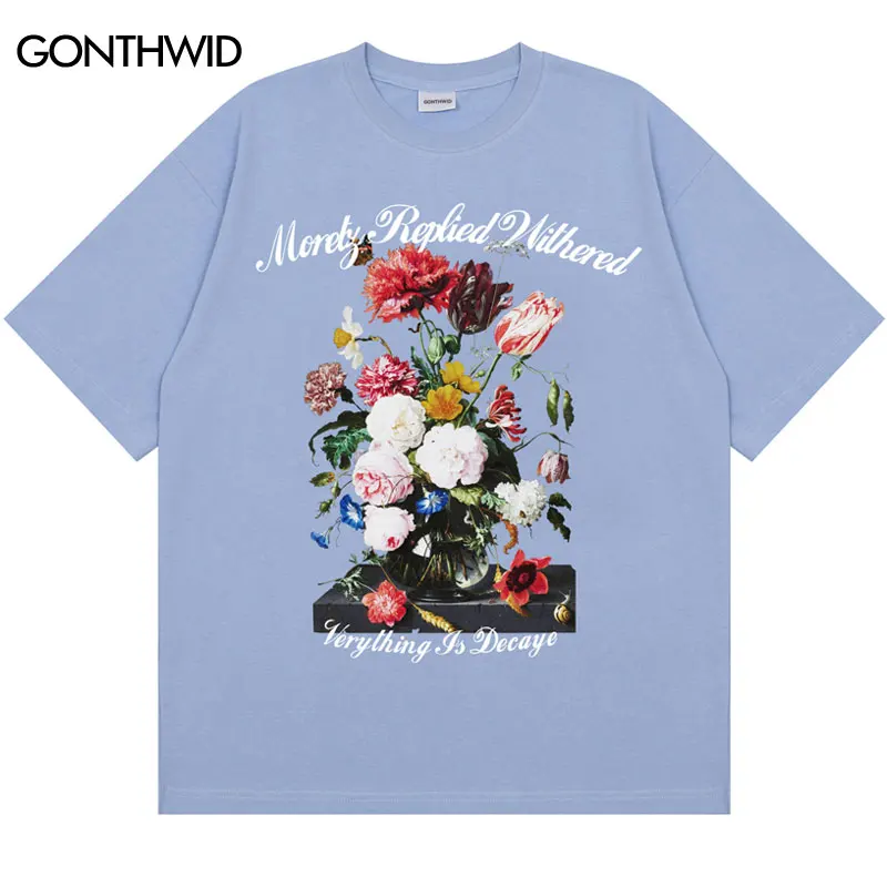 

Hip Hop Streetwear T-Shirt Men Vintage Flower Graphic Print Cotton T Shirt 2022 Harajuku Summer Casual Short Sleeve Tshirt Top