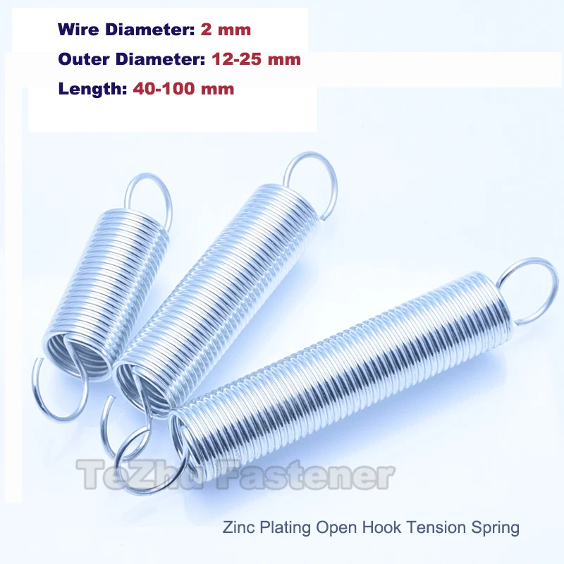 

1/3/5Pcs Open Hook Tension Spring Wire Dia 2mm Pullback Torsion Extension Steel Spring Zinc Plating Length 40mm~100mm Industria