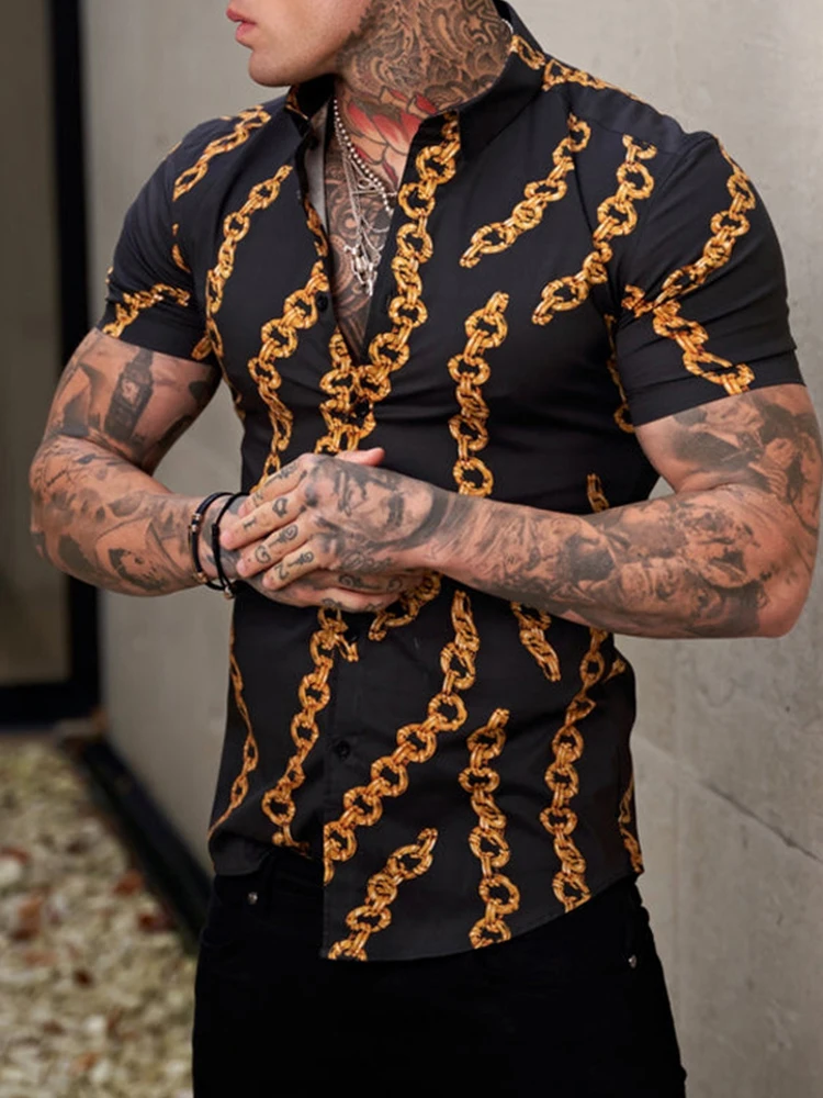 

Men Summer Fashion Turn-down Collar Cardigan Top New Casual Short Sleeve Slim Shirt Mens Vintage Chain Printed Buttoned Shirts