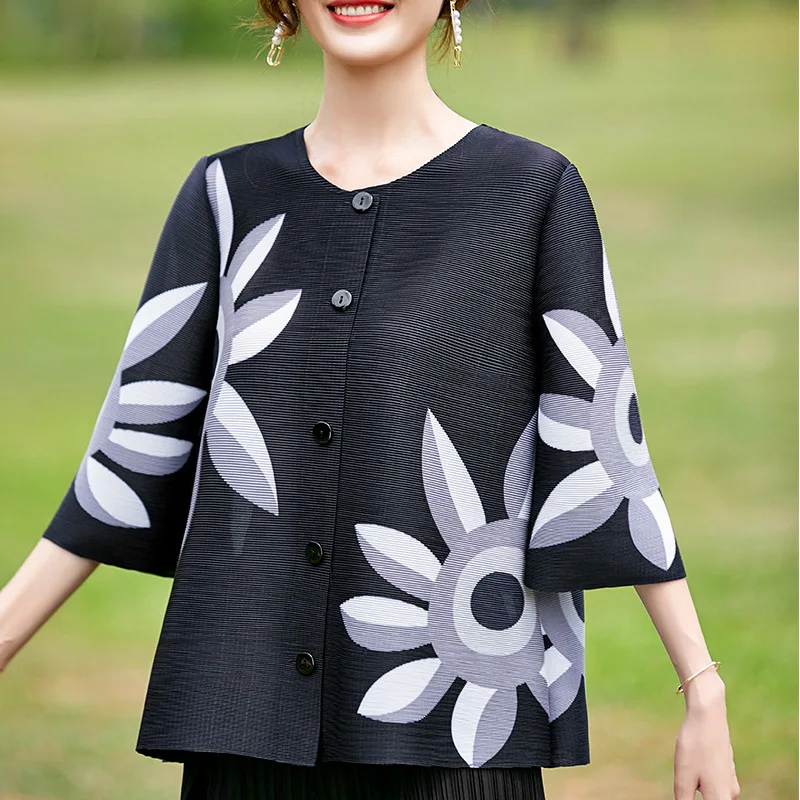 Jacket For Women 45-75kg 2022 Summer Big Flower Print Round Neck Single Breasted Vertical Elastic Miyake Pleated Coats