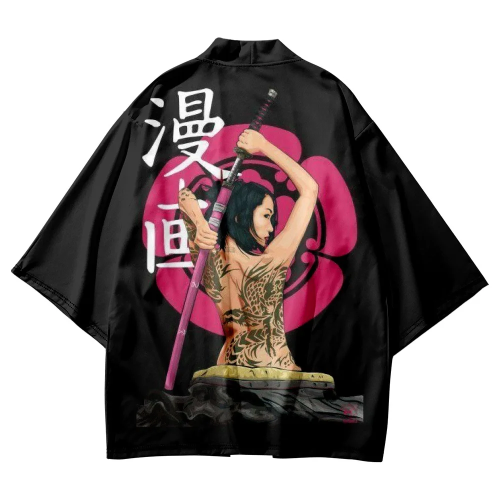 

Кардиган мужской для косплея, юката, рубашка, блузка, традиционное кимоно с японским аниме принтом самурая, черный, летняя одежда