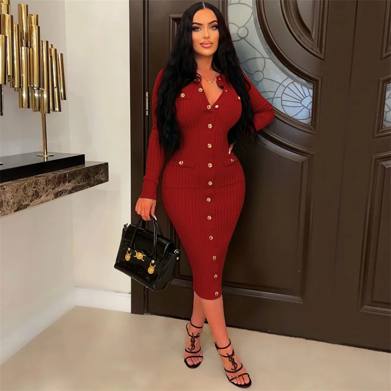 

Autumn Winter Knitted Button Midi Dress Women Long Sleeve Single Breasted Bodycon Dress Elegant Elastic Party Night Club Dresses