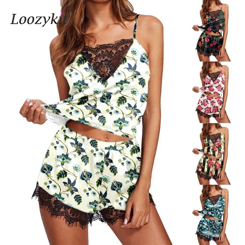 

Шелковая атласная Женская пижама из 2 предметов с цветочным принтом и V-образным вырезом, милый укороченный топ и шорты, кружевные костюмы