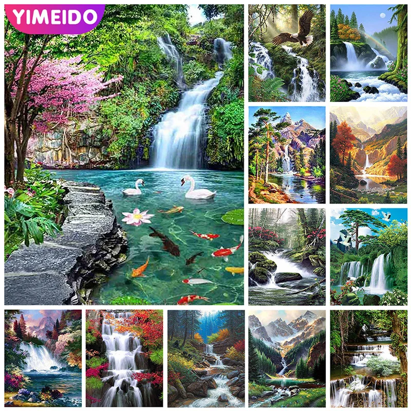

Алмазная вышивка YIMEIDO AB с пейзажем, картина из квадратных страз «сделай сам», вышивка крестиком «Водопад и лес», мозаика