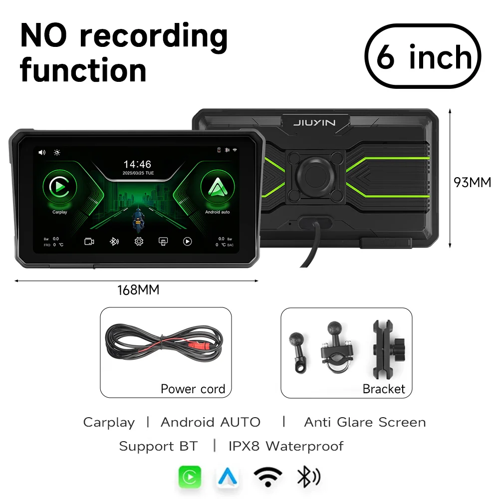 

6-дюймовый IPX8 водонепроницаемый мотоциклетный GPS-навигатор беспроводной Carplay Android Auto 2K DVR рекордер мото монитор WIFI