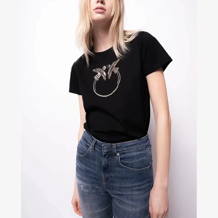 

Women Beaded Birds Short Sleeve O-Neck T-shirt 2 Colors