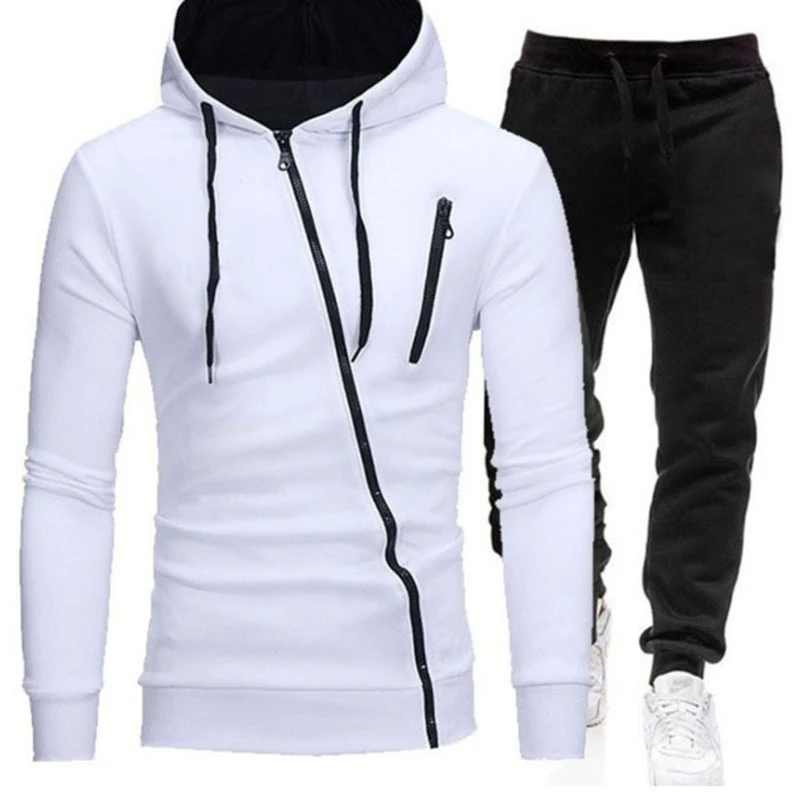 Men's Hoodies Tracksuits Tops And Pants 2 Pieces Diagonal Zipper Long Trousers Casual Style Solide Color Streetwear