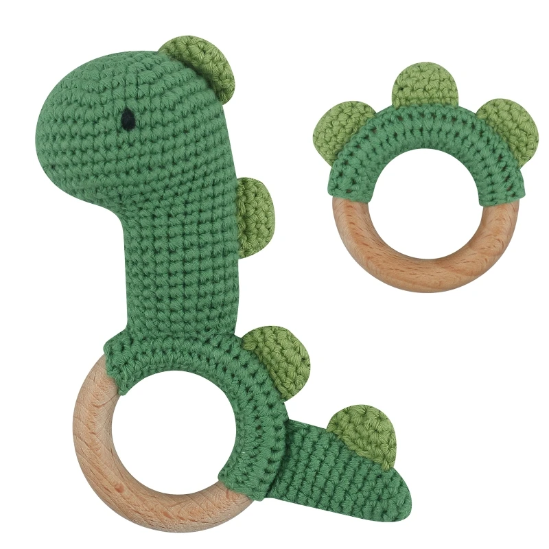 

2Pcs/Set BPA Free Crochet Dinosaur Baby Teether Rattle Safe Beech Wooden Teether Ring Newborn Mobile Gym Educational Toy Baby St
