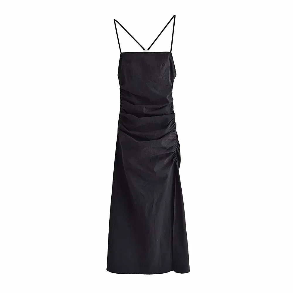 

Sleeveless Ankle-Length Pleated Pullover Women's Dress Slimming Folds Embellished Black One-neck Party Sexy Strap Halter Dresses