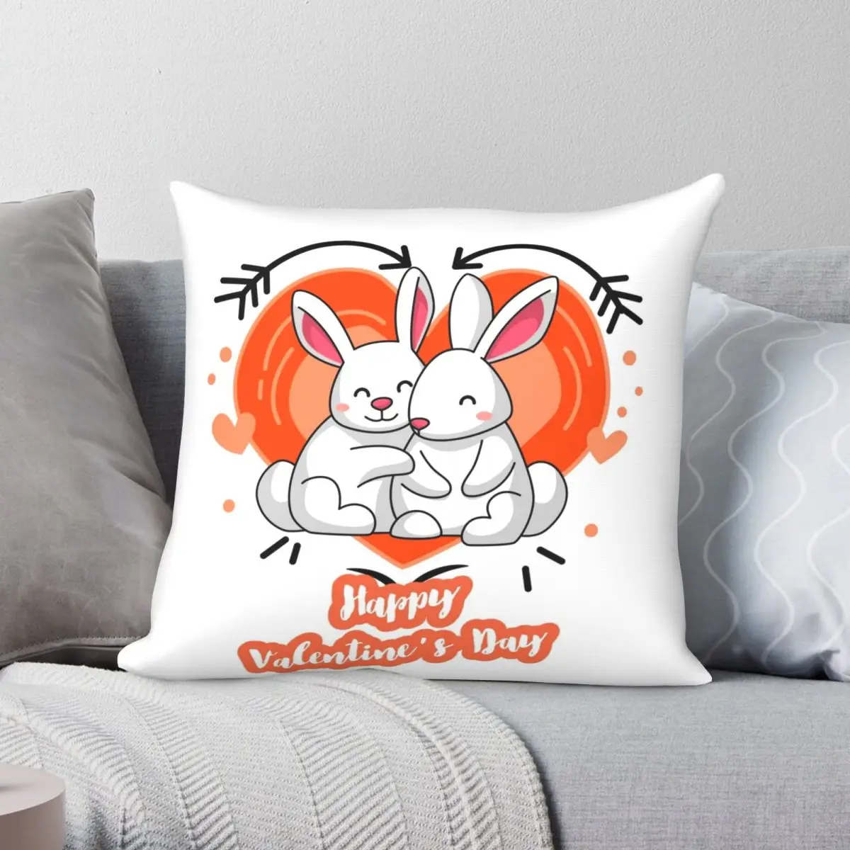 

Happy Valentine's Day Cuddle Bunnies Pillowcase Polyester Linen Velvet Creative Zip Decor Room Cushion Cover