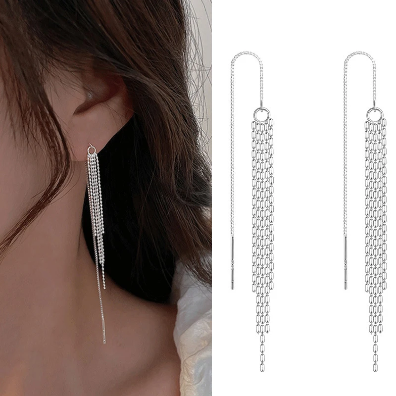Fashion Silver Color Long Tassel Thread Chain Round Ball Beads Pendants Drop Earrings Women's Straight Hanging Earings Jewelry