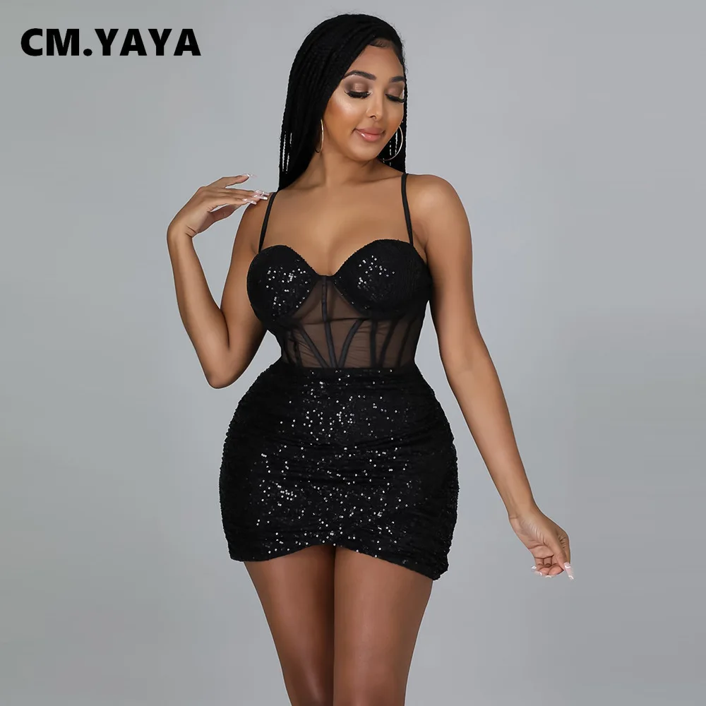 

CM.YAYA Women Mini Dress Sequins Mesh See-through Strap Bodycon Dresses Sexy Night Club Party Vestidos Fashion Clothing Summer