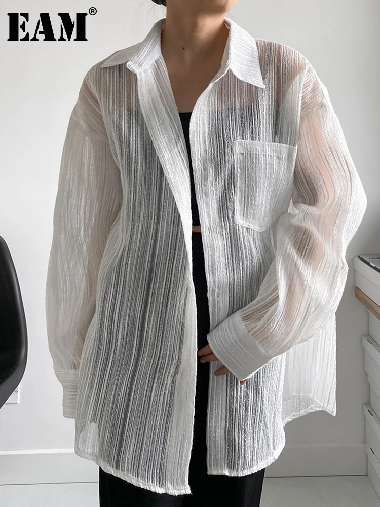 

[EAM] Women White Striped Perspective Big Size Blouse New Lapel Long Sleeve Loose Fit Shirt Fashion Spring Autumn 2023 1DH0351