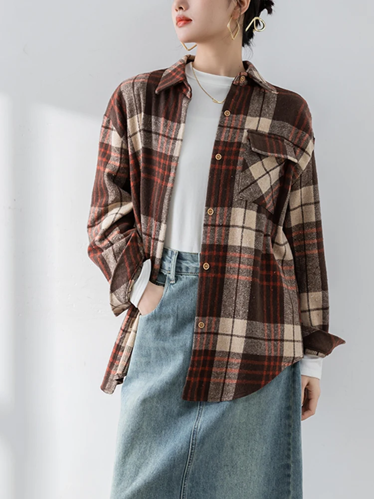 Клетчатая блузка в корейском стиле женская одежда винтажные блузки с карманами и