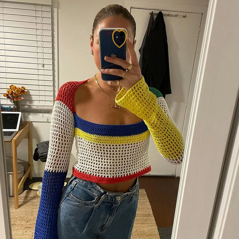 

Autumn Winter New Y2k Sweater Women Hollow Striped Patchwork Knitted Sweaters Sweet Retro 2021 Long Sleeve Jumpers Harajuku Tops