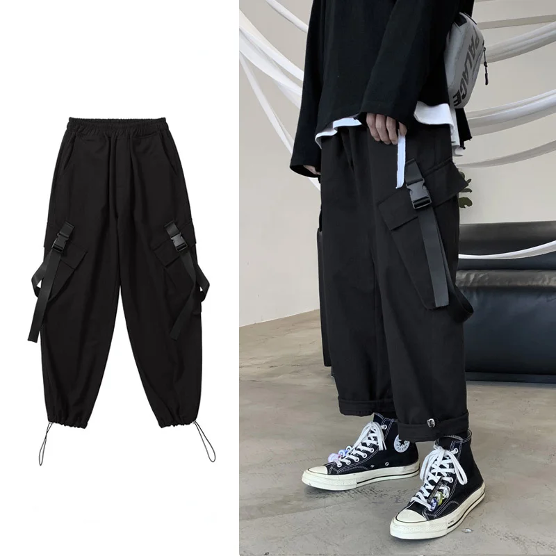 

DEEPTOWN Techwear Black Cargo Pants Men Ribbons Causal Loose Trousers Male Korean Style Streetwear Hip Hop Fashion Spring