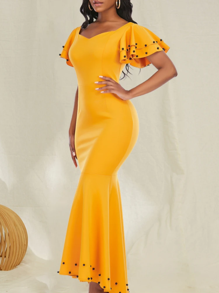 

Women Yellow Long Dress Party with Beading Dinner Evening Mermaid Maxi Plus Size Female Birthday Celebrate Clothing for Summer