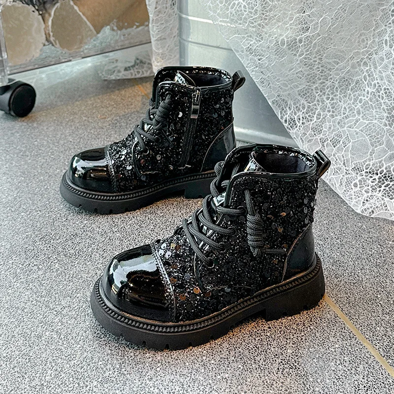 Новинка Осень-зима модные ботинки с блестками для девочек короткая обувь