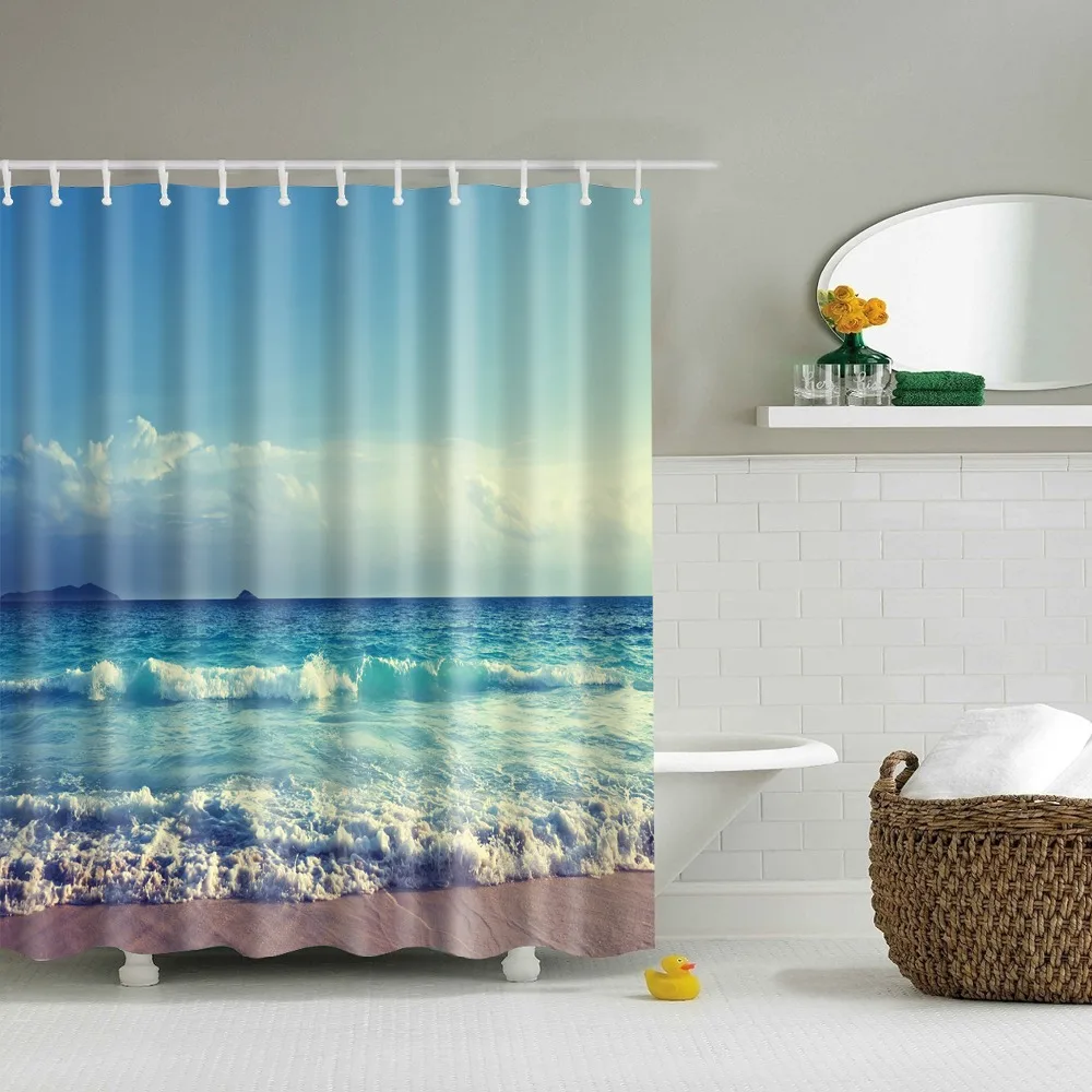 

Beautiful Seaside Scenic Beach Blue Sky Shower Curtains Frabic Waterproof Polyester Bath Bathroom Curtain Home Decor with Hooks