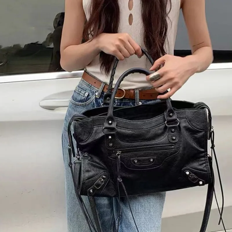 Gothic Moto Biker Rivet Handbag For Women Black Large Capaci