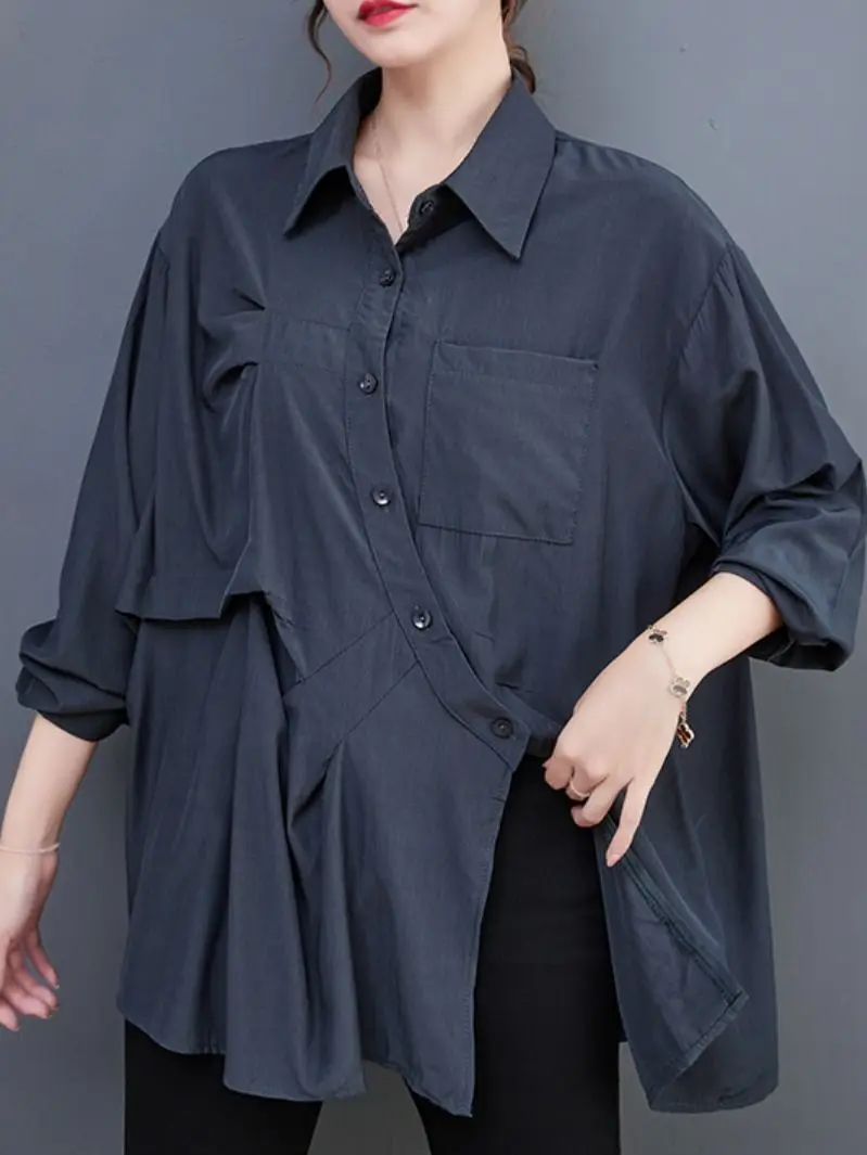 

Женский ассиметричный кардиган, однотонная свободная универсальная плиссированная рубашка с отложным воротником и длинными рукавами для офиса, осень 2022