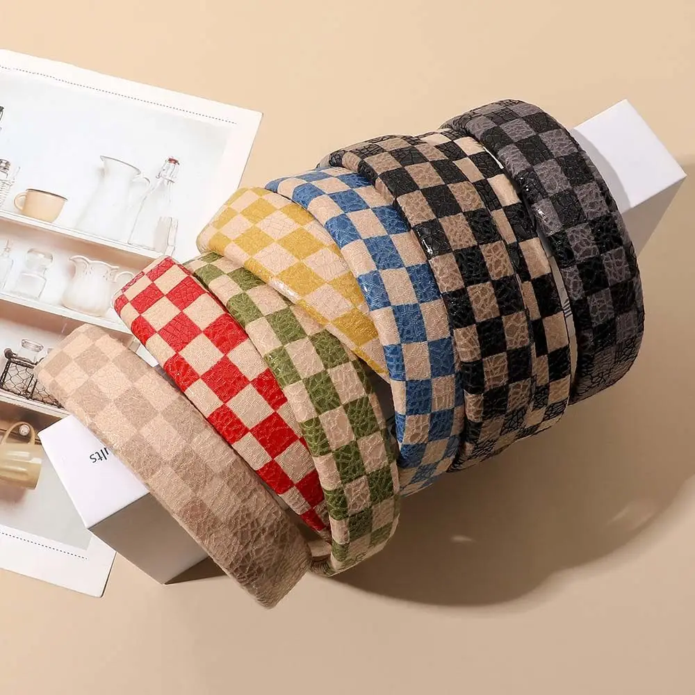 

Hair Accessories Faux Leather Sponge Lattice Pattern Women Head Hoop Checkerboard Hairbands Korean Style Wide-Brim Hair Bands
