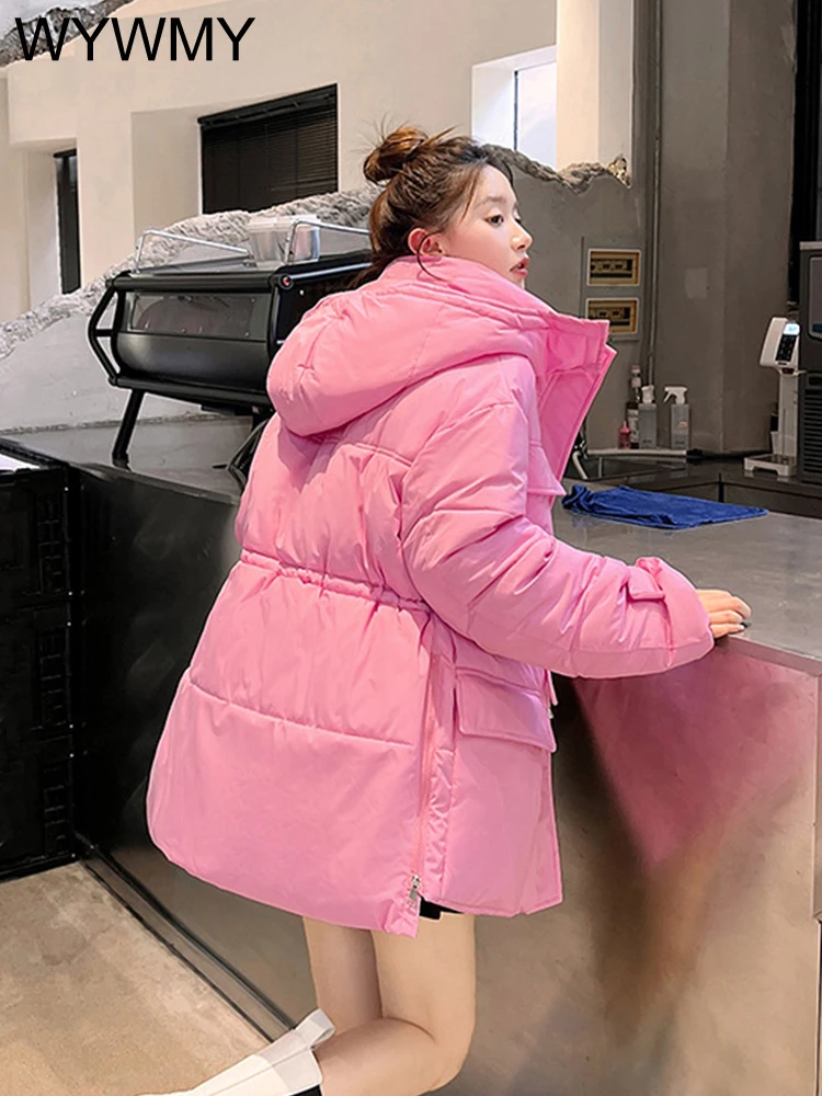 Chic Hooded Drawstring Waist Long Sleeve Loose Padded Jacket for Women Winter Streetwear Lady Warm Pockets Cotton Padded Coat