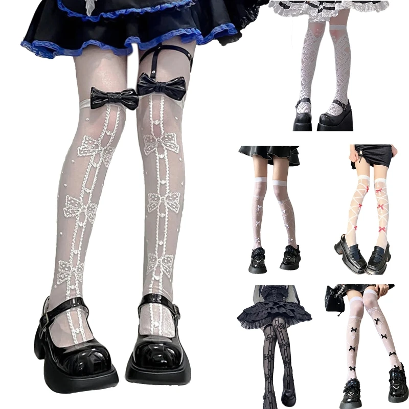 

New Japanese Lolita Cosplay Mesh Thigh High Stockings Women Sweet Ruffle Trim Crisscross Bowknot Jacquard Pattern Anime Tattoo