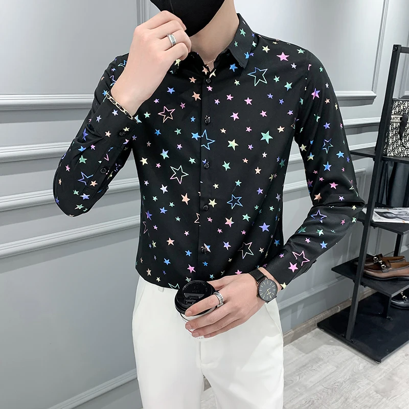 

Star Print Shirt Mens Dress Shirts Long Sleeve Camisa Hombre Chemise Homme 4xl Smoking Masculino Club Party Men Slim Shirt White