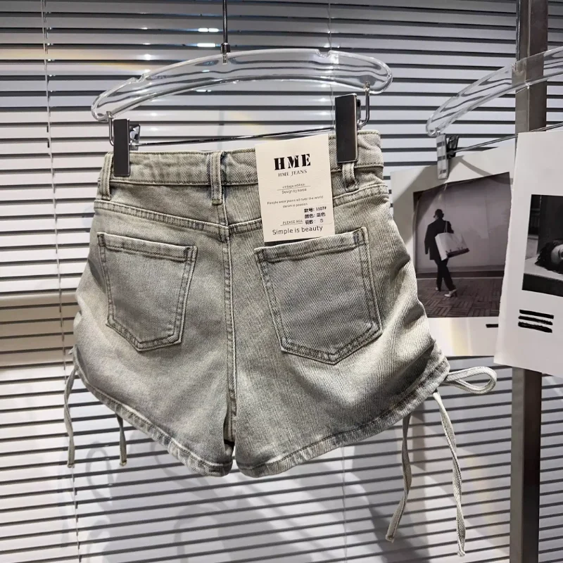 2023 Summer Niche Short Pants Side Drawstring Strap Washed And Worn Hot Girl Denim Shorts Hot Pants Boyfriend Jeans For Women