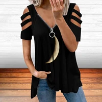v neck short sleeved european and american style print womens comfortable one shoulder top trendy street style t shirt