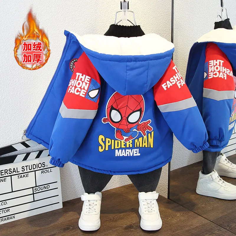 Boys Spiderman Cartoon Hooded Coat Autumn Winter Thickening Keep Warm Jacket Kids Long Sleeve Cotton Outerwear Children's Wear