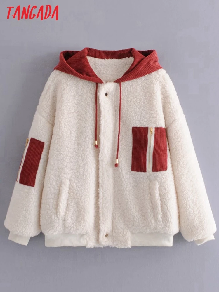

Tangada Women 2022 Winter Oversized Hood Teddy Coat Vintage Long Sleeve Pockets Female Outerwear 3W23