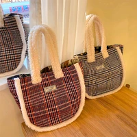 women handbags 2022 mini cotton tote bags girls shoppers fashion casual vintage melange weave plaid double sided top handle bags